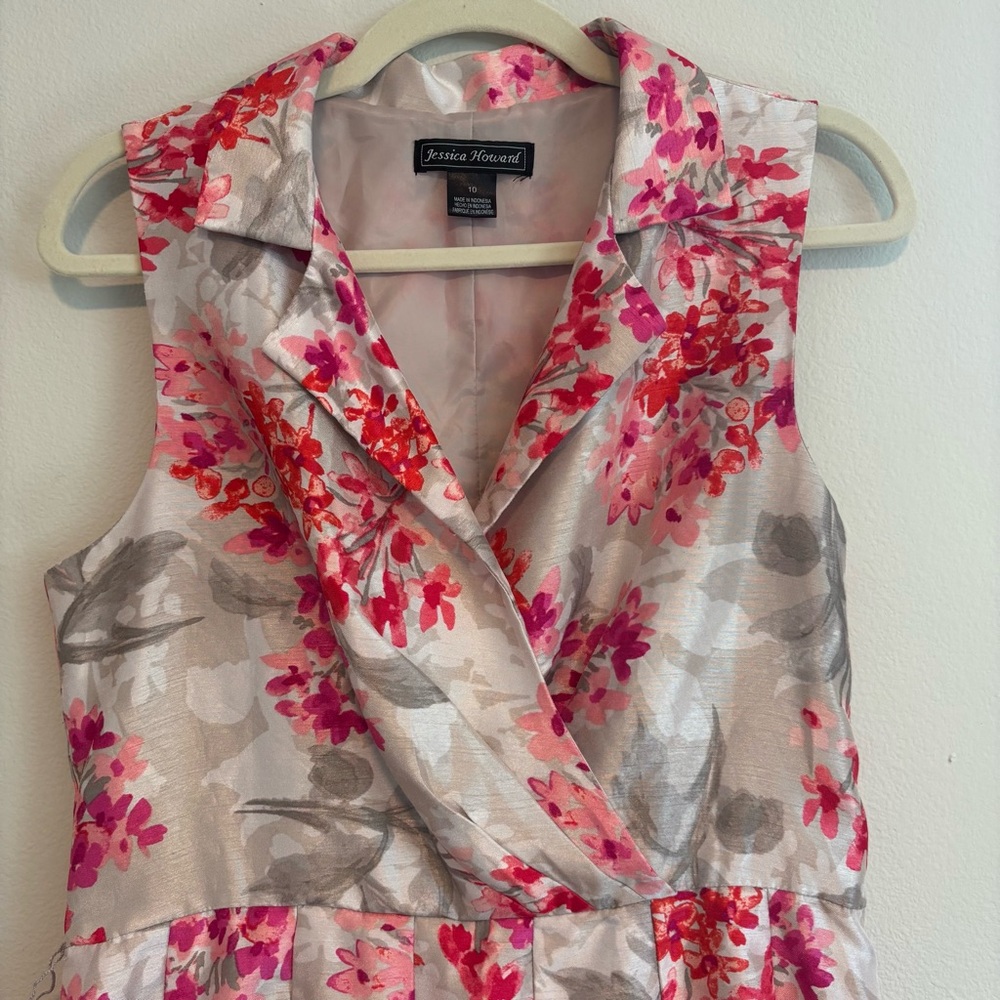 Jessica Howard Silver Pink Floral Faux Wrap V Neck Midi Dress Sleeveless 10 - Picture 3 of 15